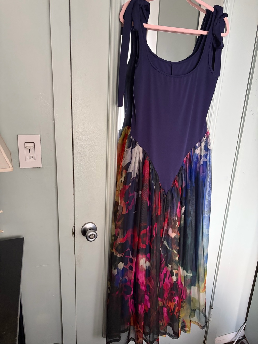 Purple Tie-Shoulder Dress with Multicolor Printed Skirt Blue Deep V Bow Ties